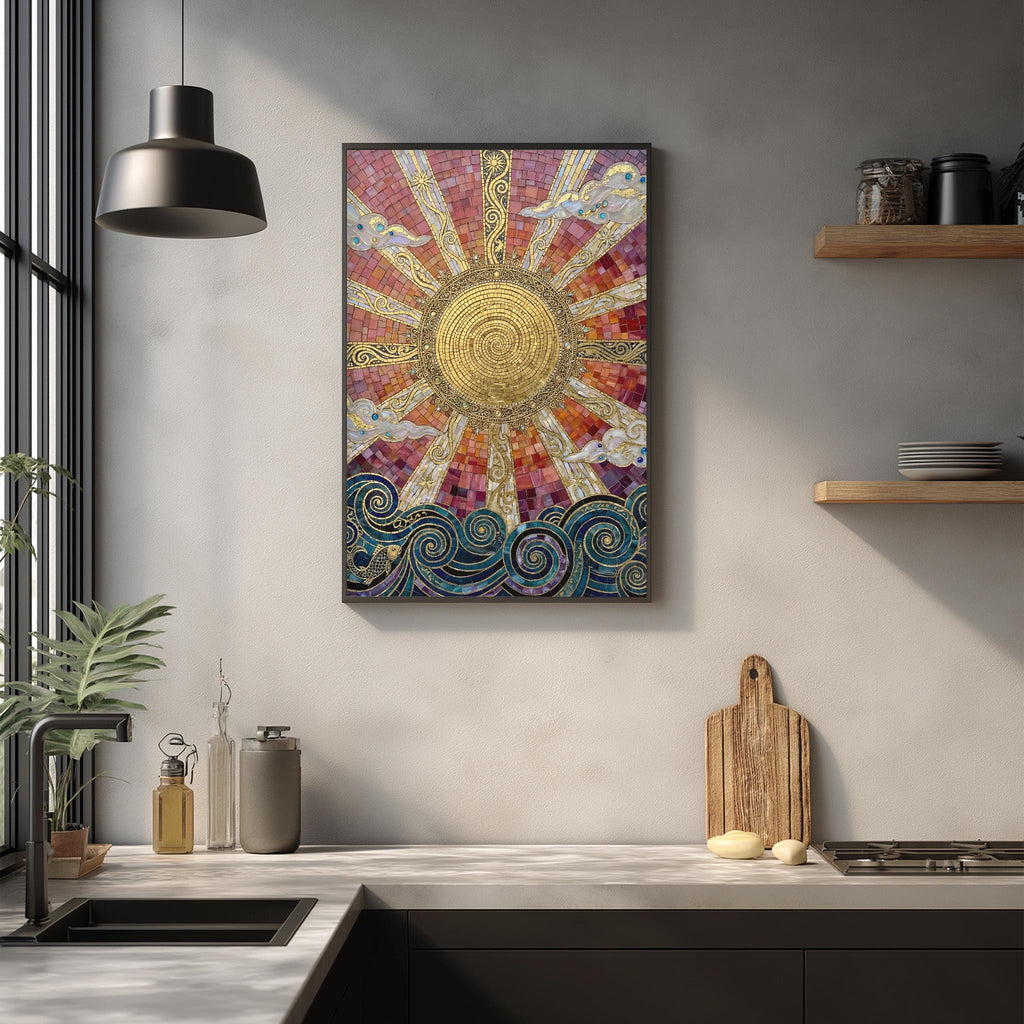 a kitchen counter with a wooden cutting board, a sink, and various kitchen accessories such as a bottle and a vase. Above the counter, there is a framed picture of a sun with a mosaic design.