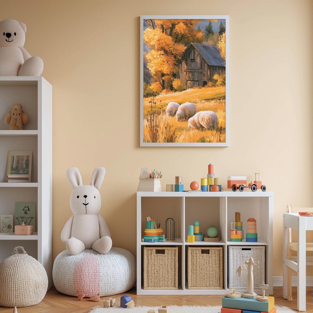 A cozy children's room with a large stuffed bunny, a bookshelf, and a toy chest filled with toys. The room has a warm, inviting atmosphere with a framed picture of a barn and sheep on the wall.