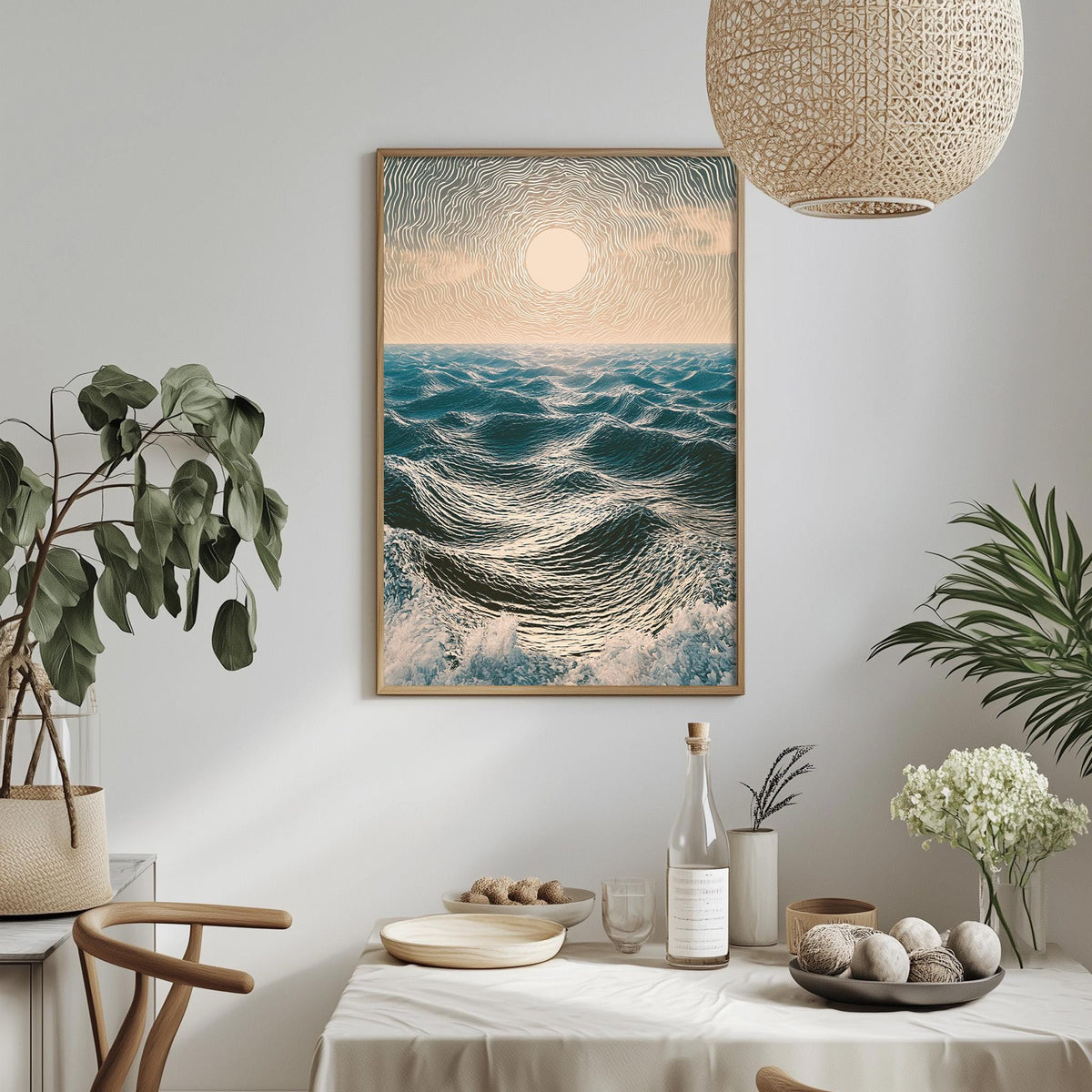 a serene ocean scene with a large framed picture hanging on a wall above a dining table. The table is set with various items, including a bottle, a bowl, and a vase with flowers. The room is decorated with potted plants and a woven light fixture, creating a calm and relaxing atmosphere.
