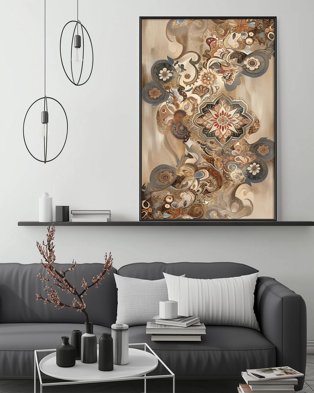 a modern living room with a gray sofa, a coffee table, and a large abstract painting hanging on the wall above the sofa.