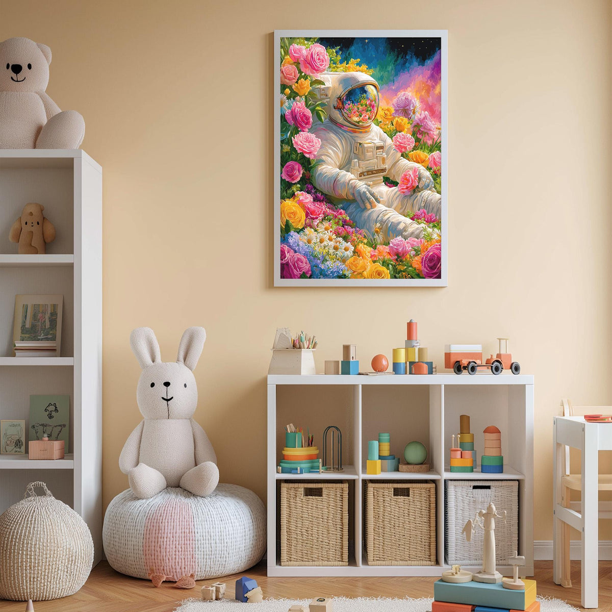 A child's bedroom with a large framed painting of an astronaut surrounded by flowers on the wall, a white bookshelf filled with toys, and a stuffed rabbit sitting on a bean bag chair.