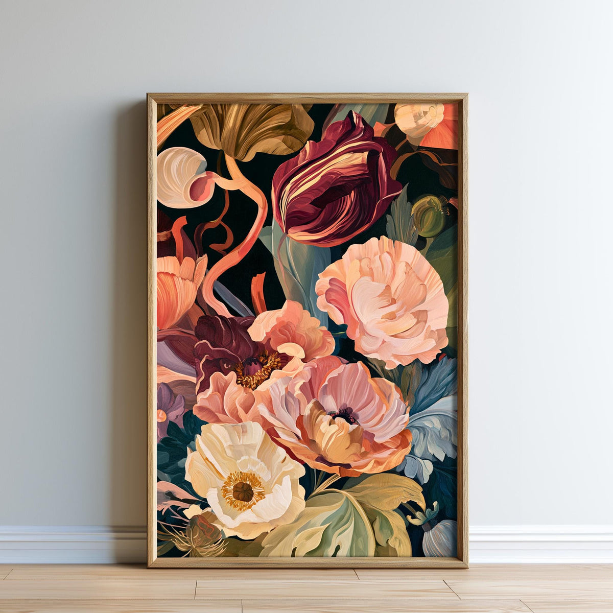 The image is a framed painting of a vibrant floral arrangement, featuring a variety of colorful flowers and leaves.