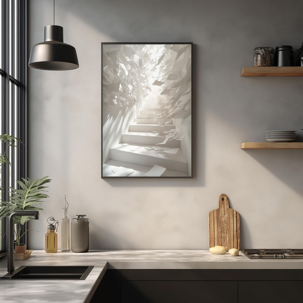 a modern kitchen with a large framed artwork depicting a staircase leading to a bright, white space. The kitchen has a sleek, minimalist design with a black countertop, wooden shelves, and a potted plant.