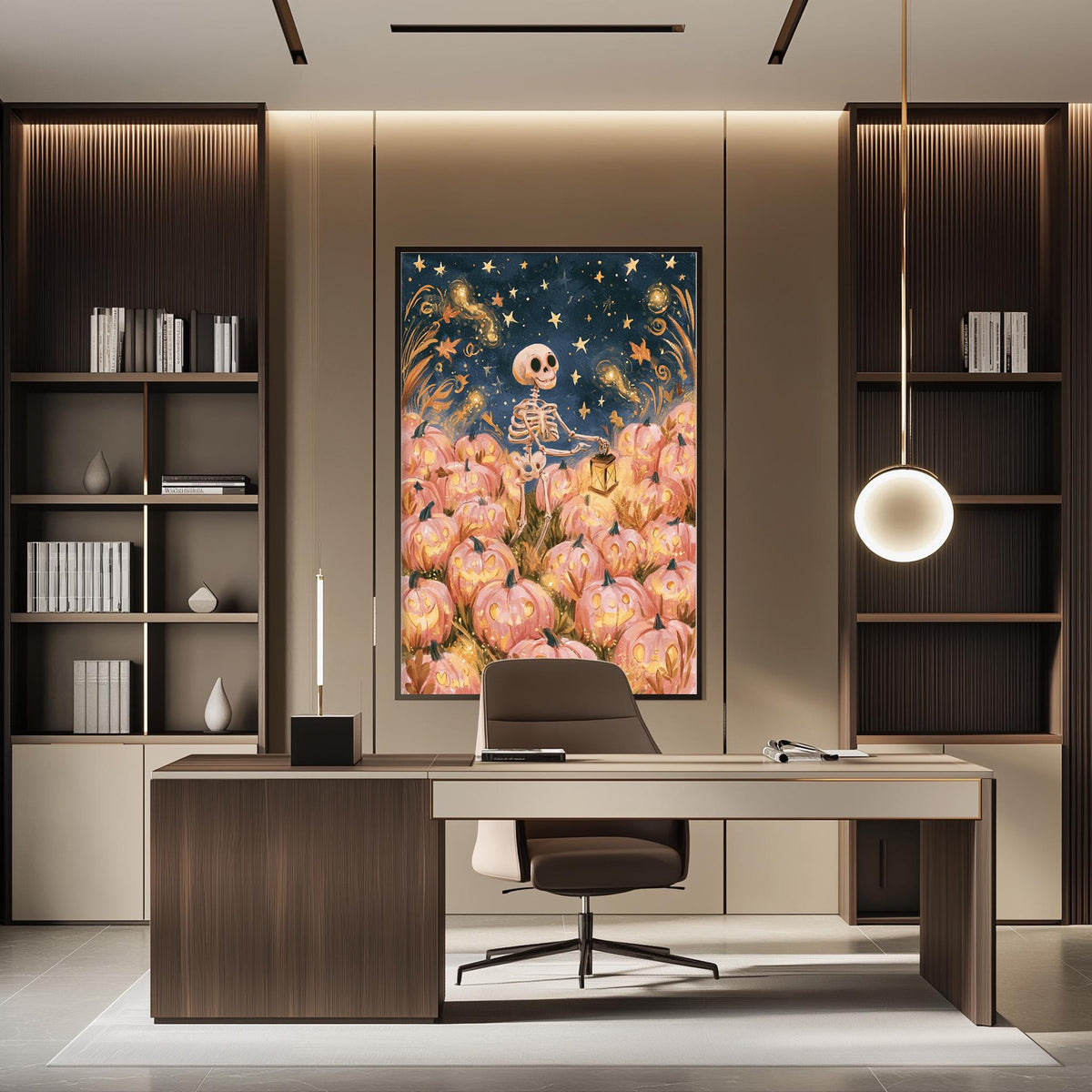 a modern office space with a large framed artwork of a skeleton holding a lantern, surrounded by pumpkins, creating a whimsical and festive atmosphere.