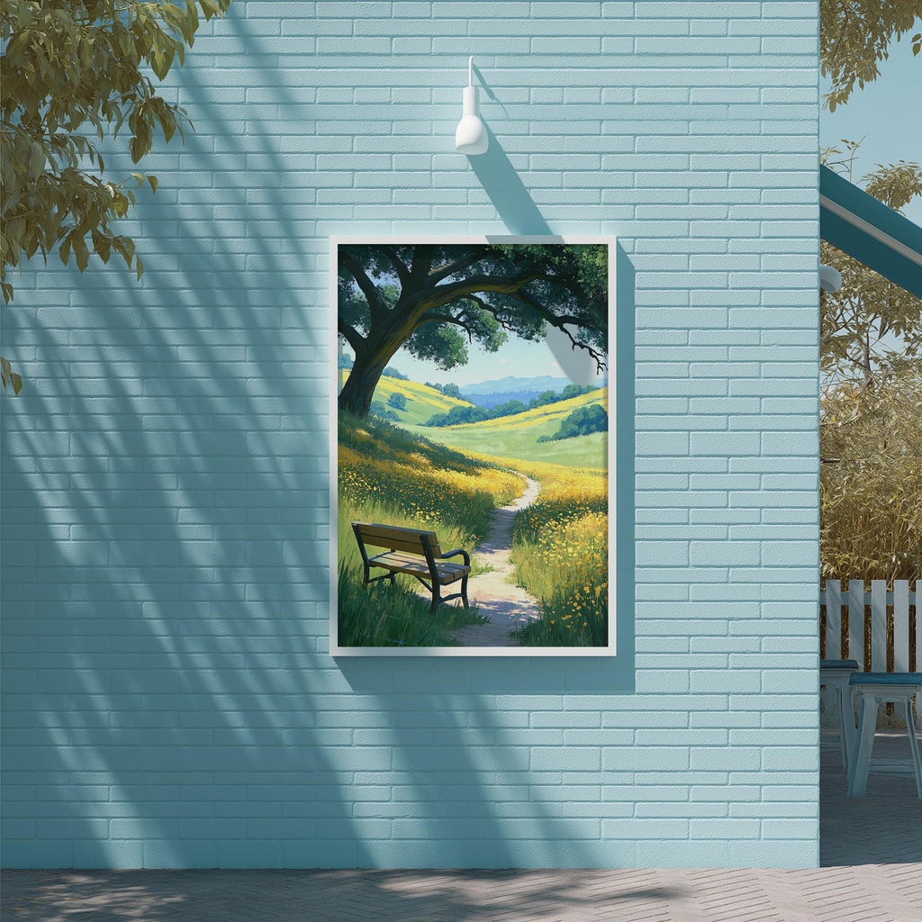 A framed painting depicting a serene landscape with a path leading through a field of flowers, framed on a light blue wall.