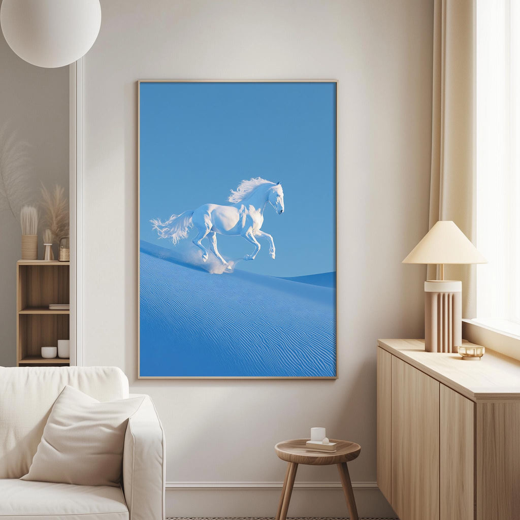 a large blue painting of a white horse running on a sandy beach, hanging on a wall in a living room.