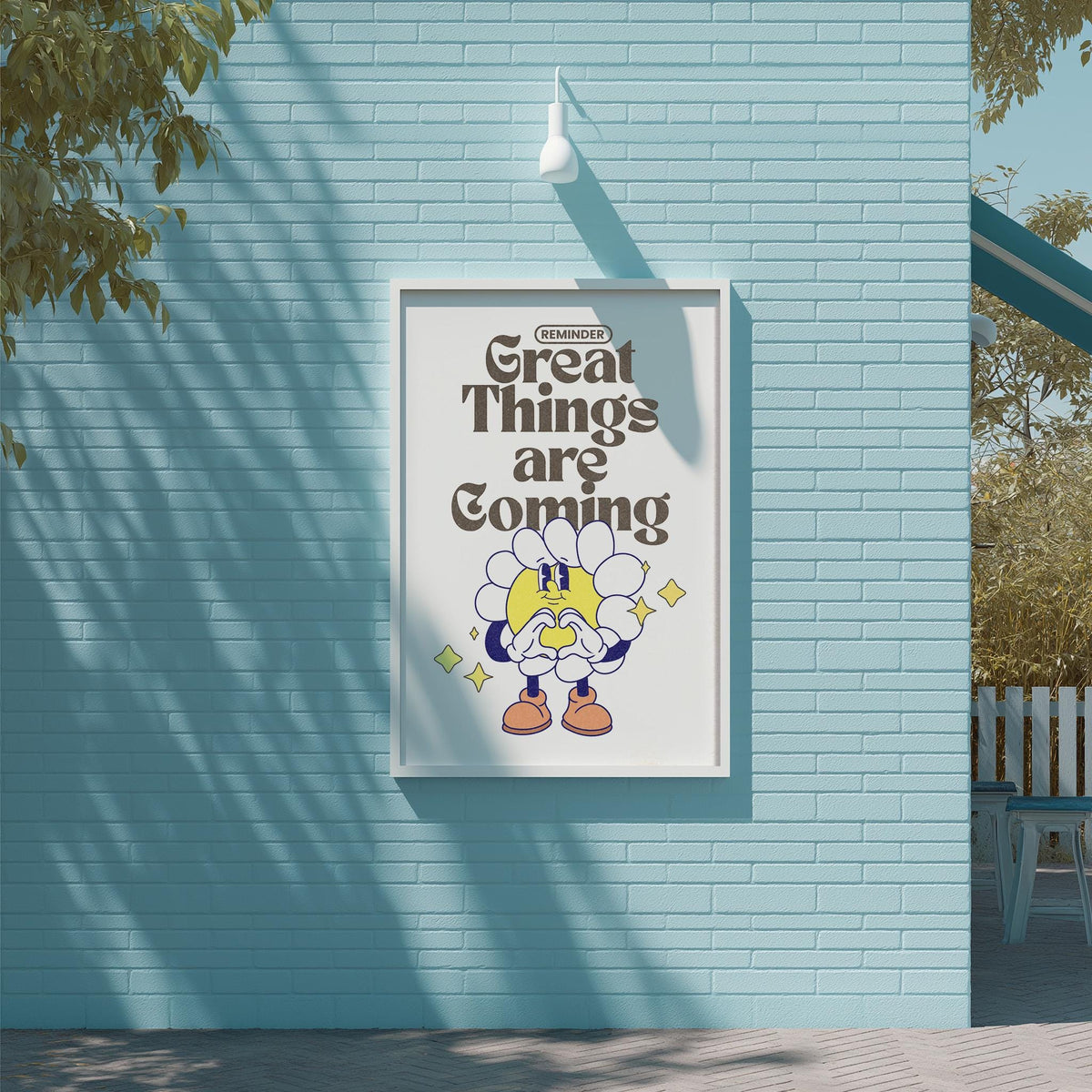 a poster with a cartoon character and the text "Great Things are Coming" displayed on a blue brick wall.