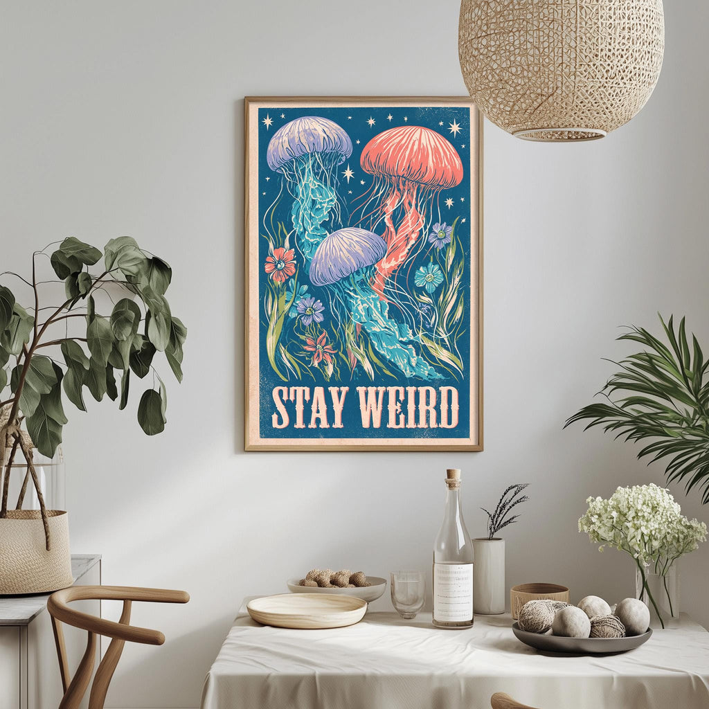 a framed poster with a vibrant illustration of jellyfish and flowers, hanging on a wall above a dining table with various decorative items and plants.