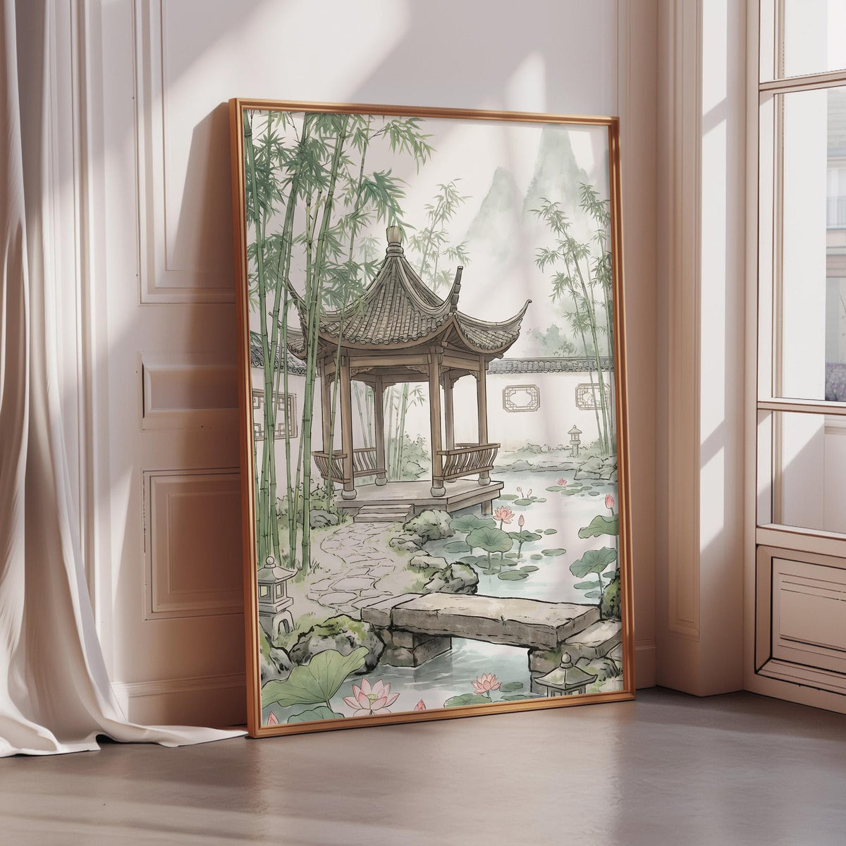 A framed illustration of a traditional Chinese pavilion surrounded by a serene garden with a pond, bamboo trees, and lotus flowers.