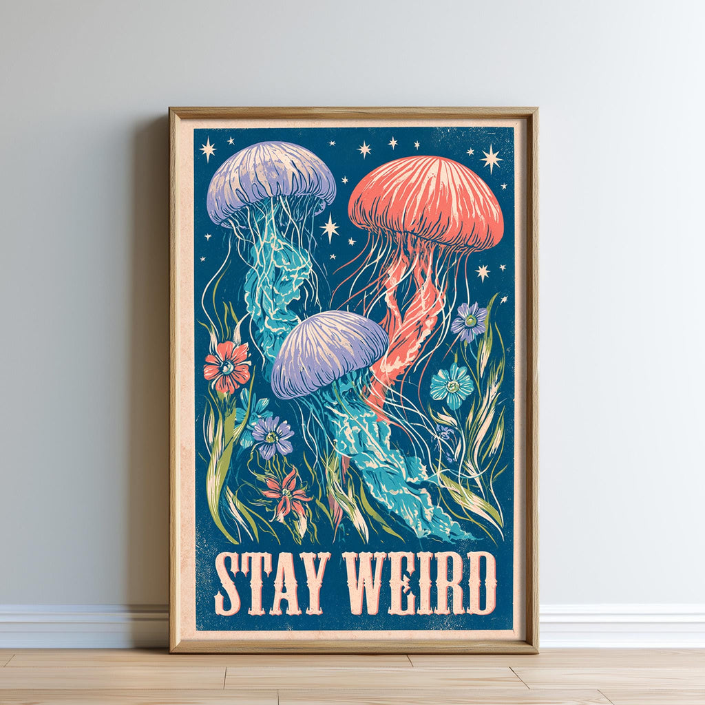 The image is a framed poster with a vibrant illustration of jellyfish and flowers, along with the text "STAY WEIRD" displayed prominently.