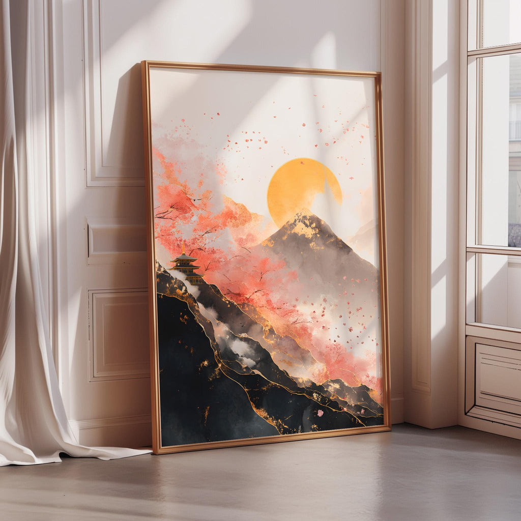 a large framed painting depicting a mountainous landscape with a yellow sun in the sky.