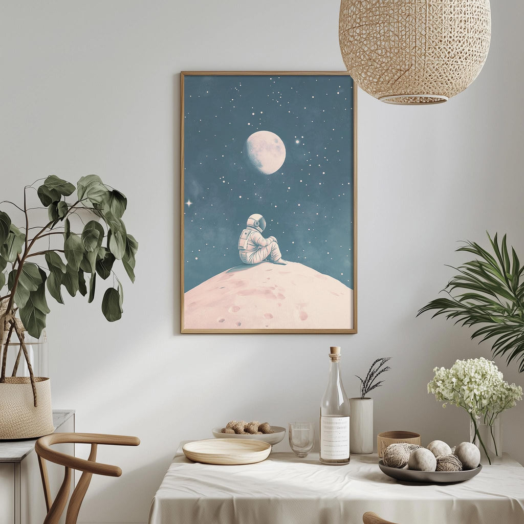 a framed artwork depicting an astronaut sitting on a rocky surface, gazing up at the night sky with a full moon and stars. The artwork is hung on a wall above a dining table with various items on it, including a bottle, a bowl, and a vase.