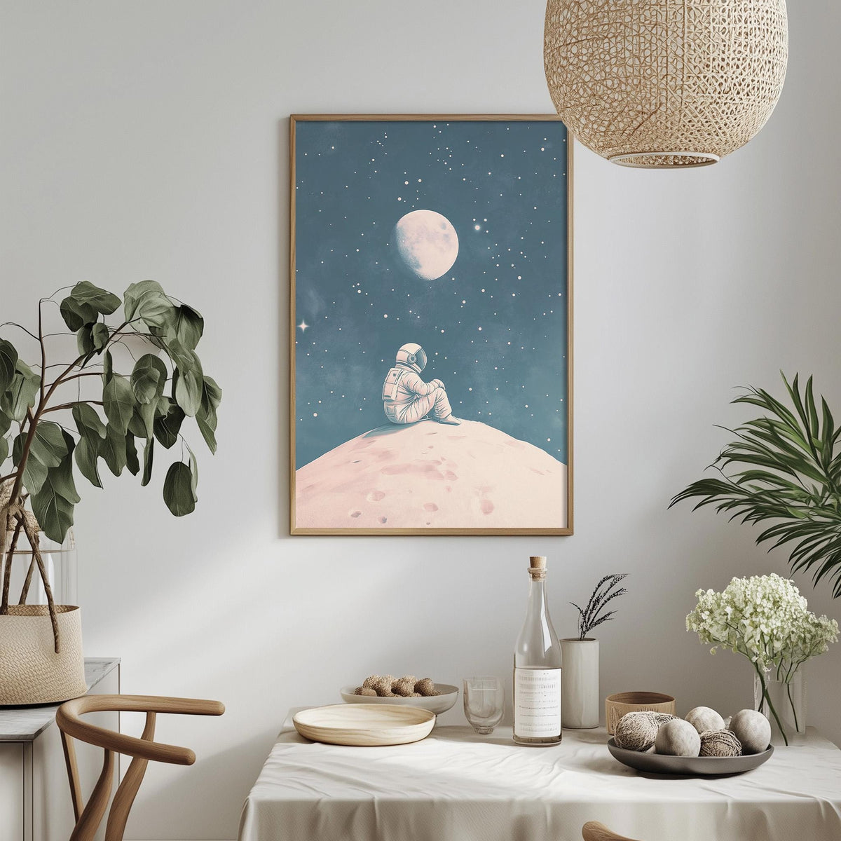 a framed artwork depicting an astronaut sitting on a rocky surface, gazing up at the night sky with a full moon and stars. The artwork is hung on a wall above a dining table with various items on it, including a bottle, a bowl, and a vase.