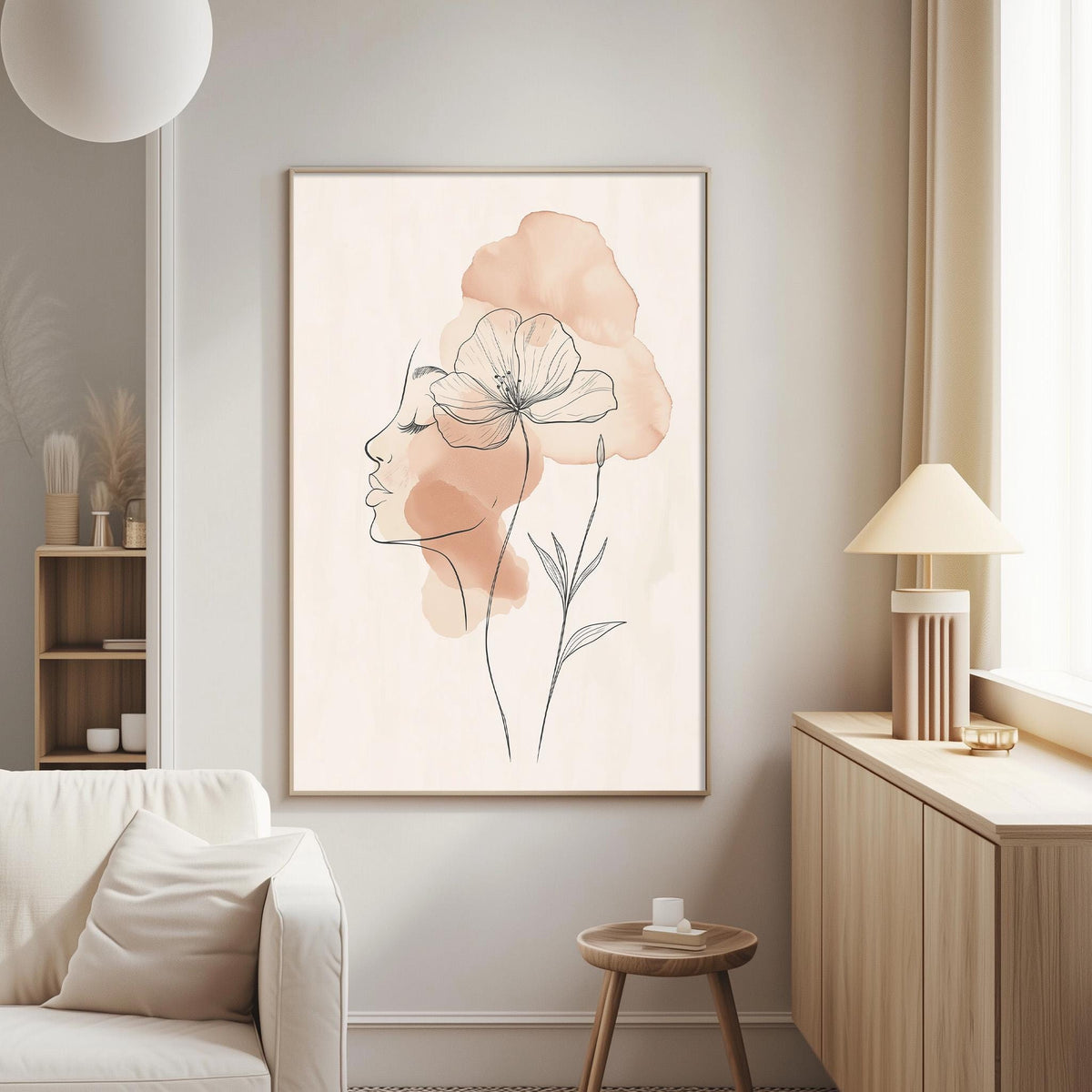 a living room with a large framed artwork of a flower and a profile of a woman's face hanging on the wall.