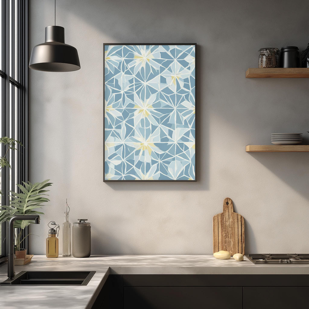 a modern kitchen with a large blue and white geometric pattern on the wall, a wooden cutting board, and various kitchen accessories such as a bottle, a vase, and a bowl.