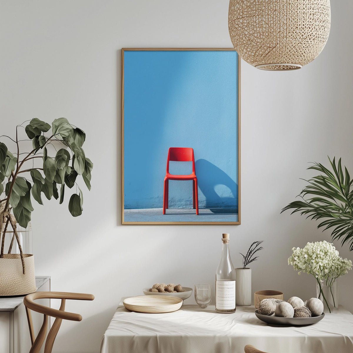 a dining table with a white tablecloth, a red plastic chair, and various decorative items such as a potted plant, a vase, and a bowl of fruit. Above the table, there is a framed picture of a red plastic chair against a blue background.