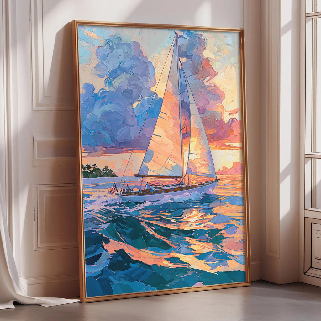 A large, colorful painting of a sailboat on the ocean, with vibrant hues of blue, orange, and yellow.