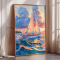 A large, colorful painting of a sailboat on the ocean, with vibrant hues of blue, orange, and yellow.