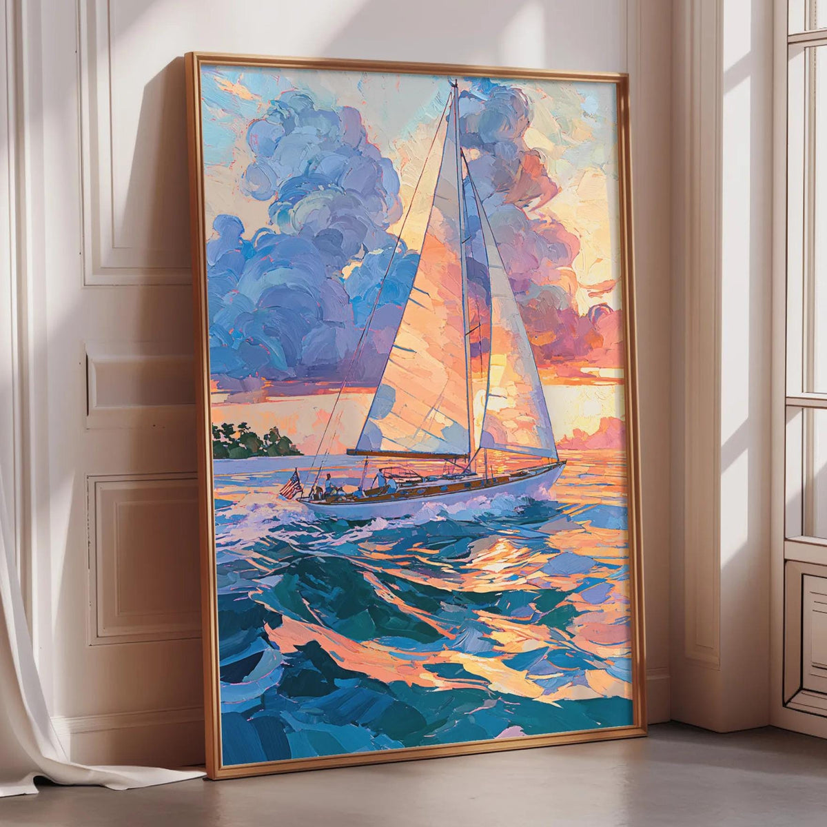 A large, colorful painting of a sailboat on the ocean, with vibrant hues of blue, orange, and yellow.
