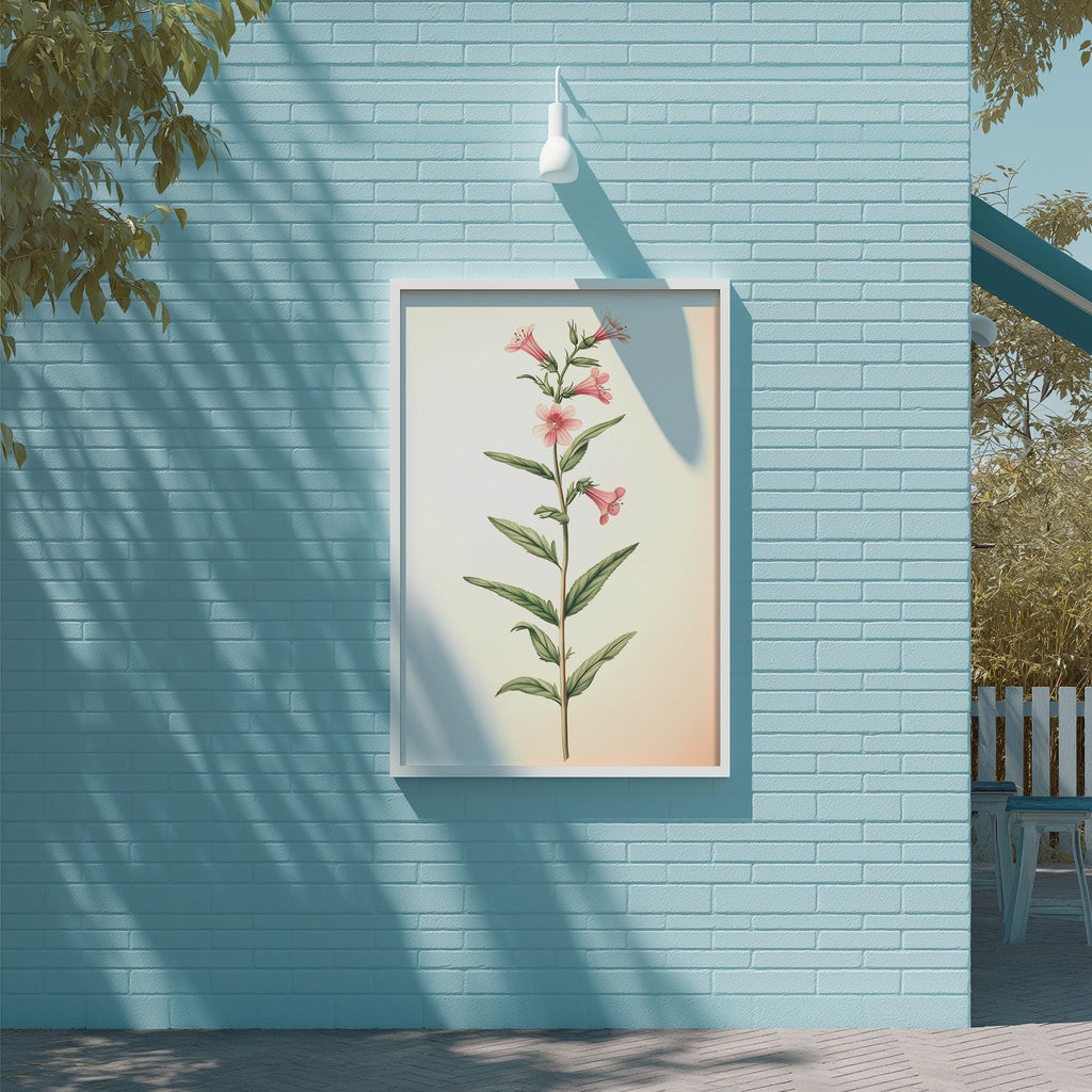 a blue brick wall with a framed illustration of a pink flower on it.