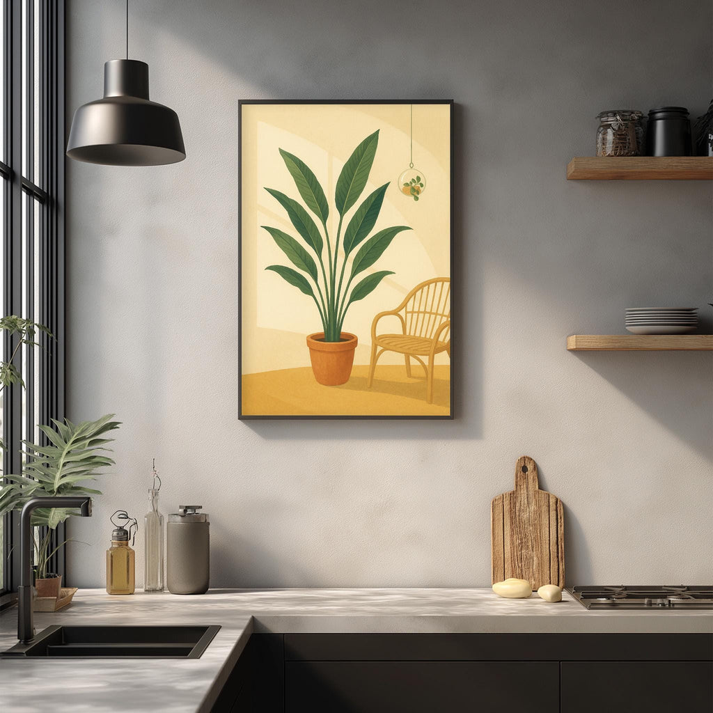 a kitchen scene with a potted plant, a wooden cutting board, and various kitchen items such as a sink, a vase, and a bowl.