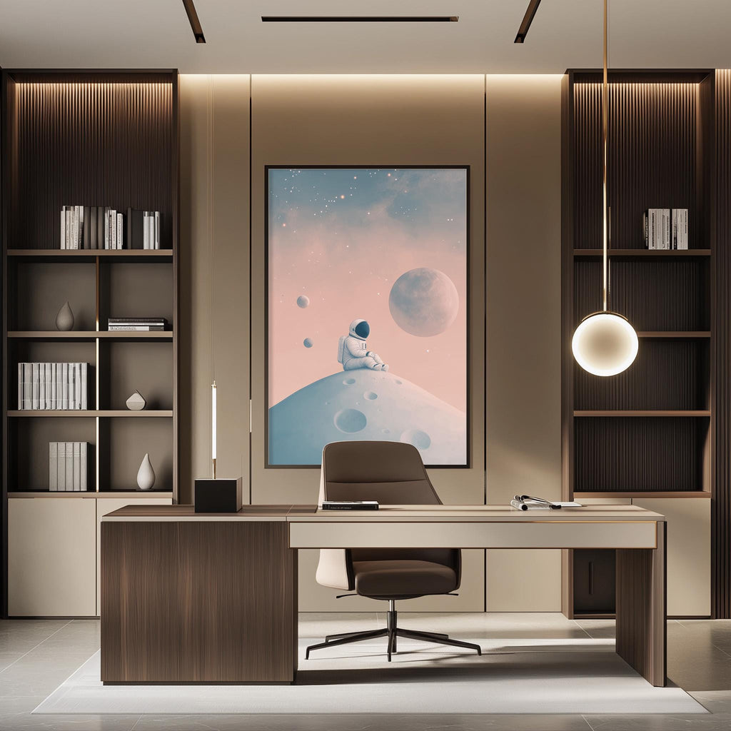 a modern office space with a large framed artwork of an astronaut on a planet hanging on the wall. The office features a wooden desk, a chair, and a bookshelf filled with books. The overall design and decor create a professional and creative atmosphere.
