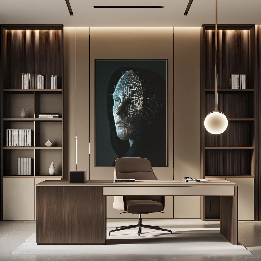 a modern and minimalist office space with a large portrait of a person's face on the wall, a wooden desk with a chair, and built-in bookshelves.