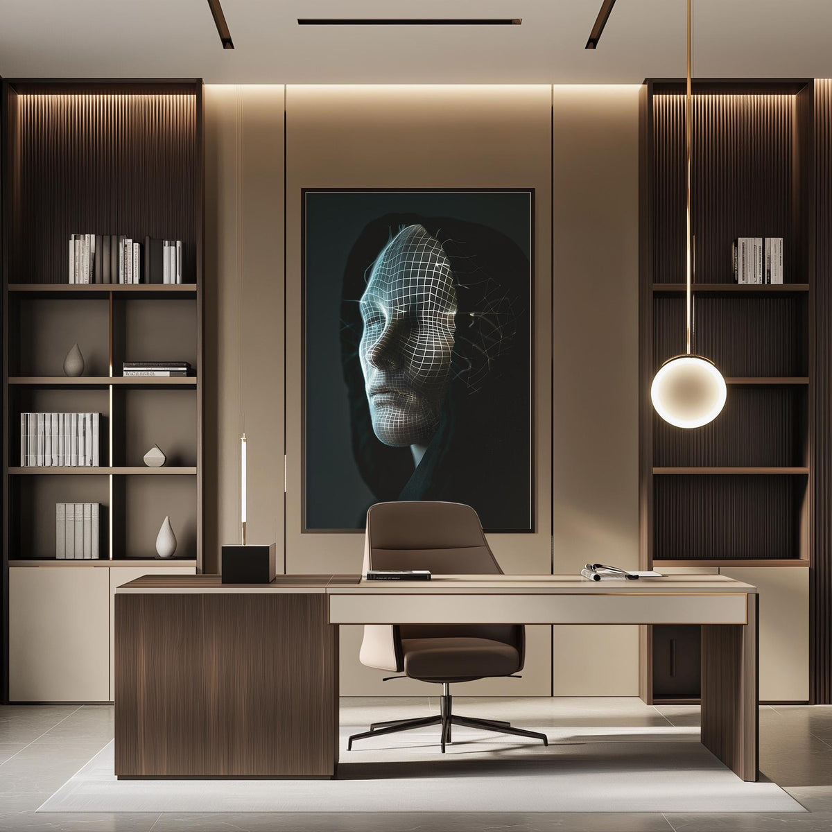 a modern and minimalist office space with a large portrait of a person's face on the wall, a wooden desk with a chair, and built-in bookshelves.