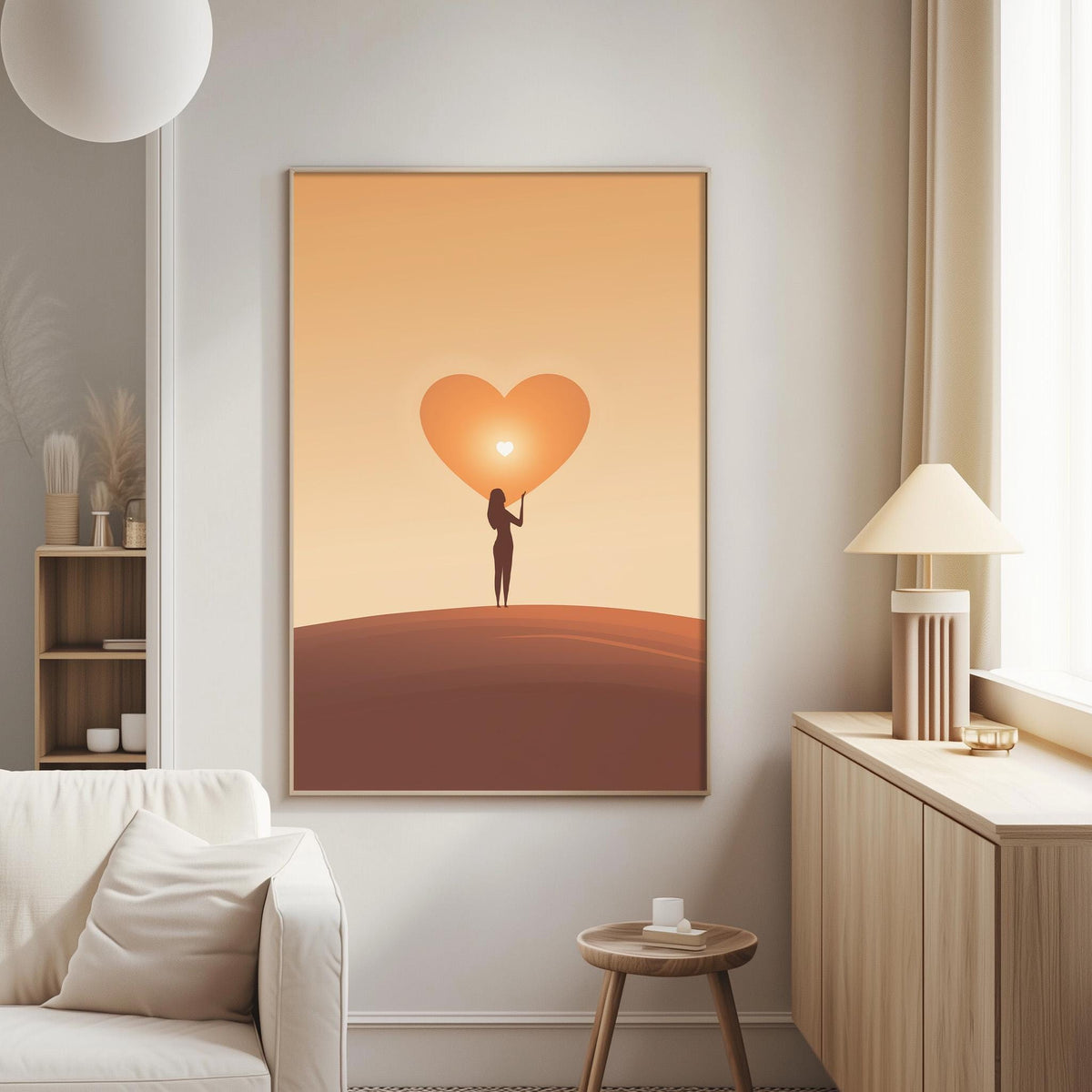 a cozy living room with a white sofa, a wooden side table, and a framed artwork featuring a silhouette of a person holding a heart-shaped object.
