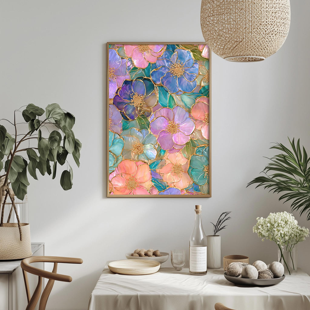 a dining table with a white tablecloth, a bowl of fruit, a bottle, and a vase with flowers. Above the table, there is a framed picture of colorful flowers hanging on the wall.