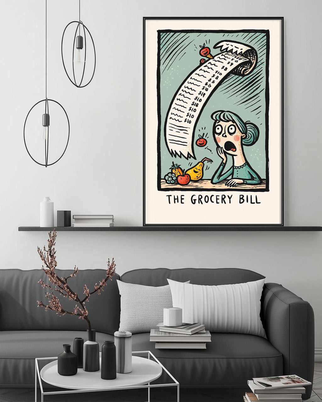 a living room with a gray couch, a coffee table, and a large framed illustration of a grocery bill hanging on the wall.