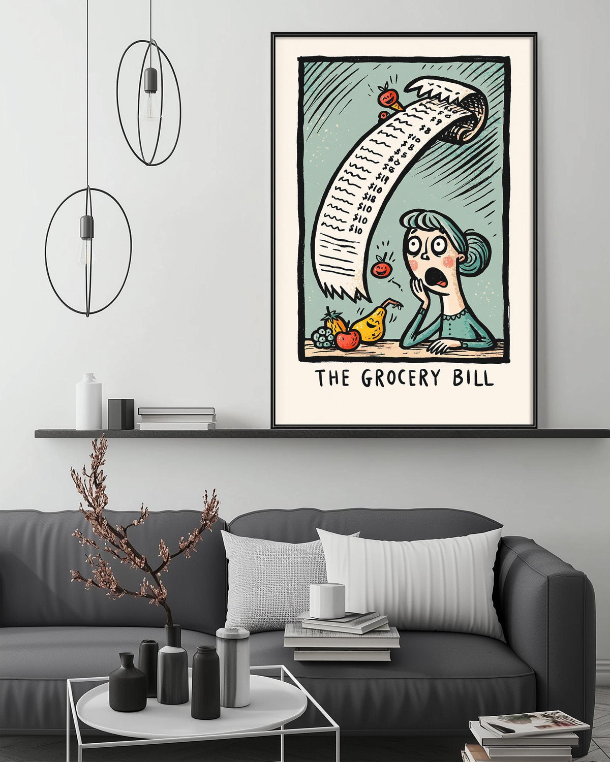 a living room with a gray couch, a coffee table, and a large framed illustration of a grocery bill hanging on the wall.