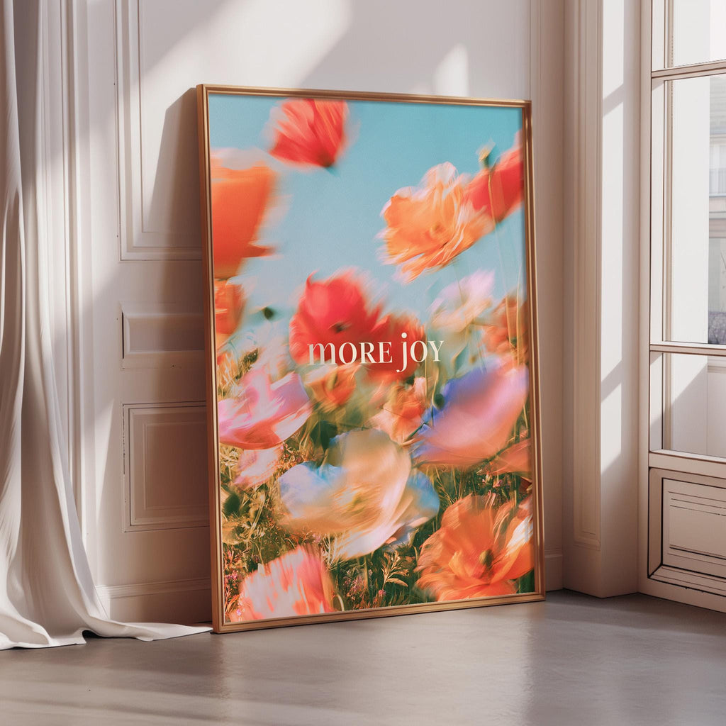 a large framed poster with a vibrant, colorful floral design.