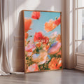 a large framed poster with a vibrant, colorful floral design.