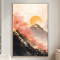 a large framed painting of a mountain landscape with a sunset in the background, hanging on a wall in a living room setting.