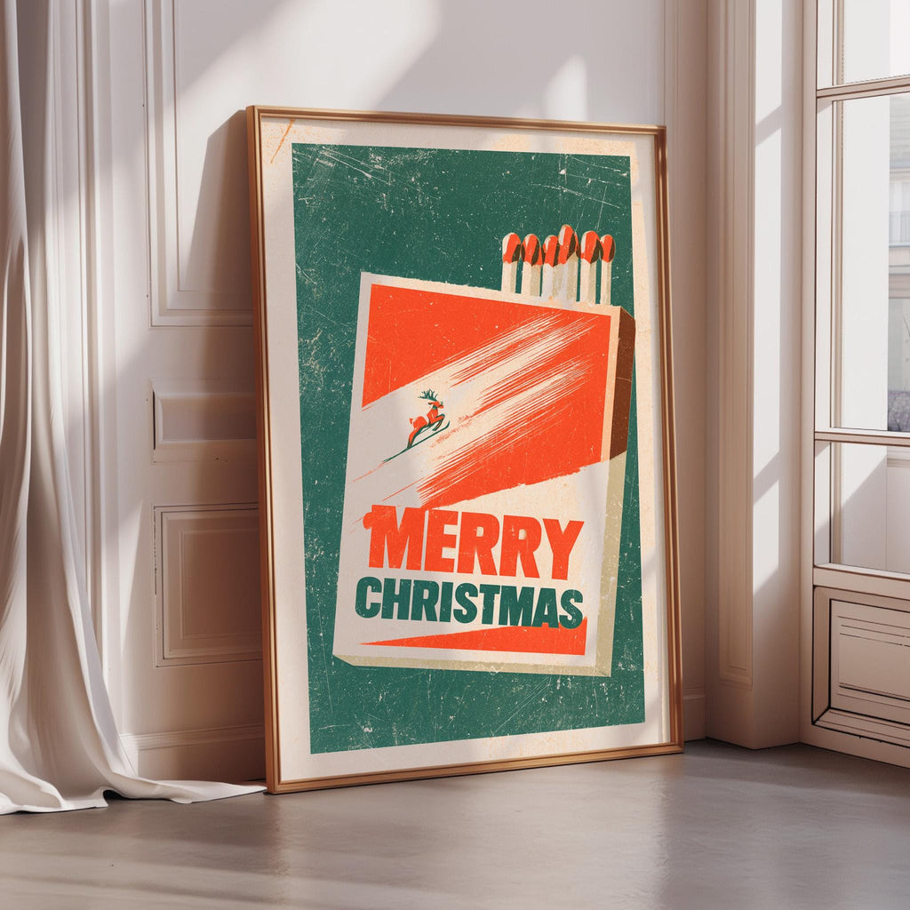 A framed poster with a Christmas-themed design, featuring a red and green background with a large text "MERRY CHRISTMAS" in the center.