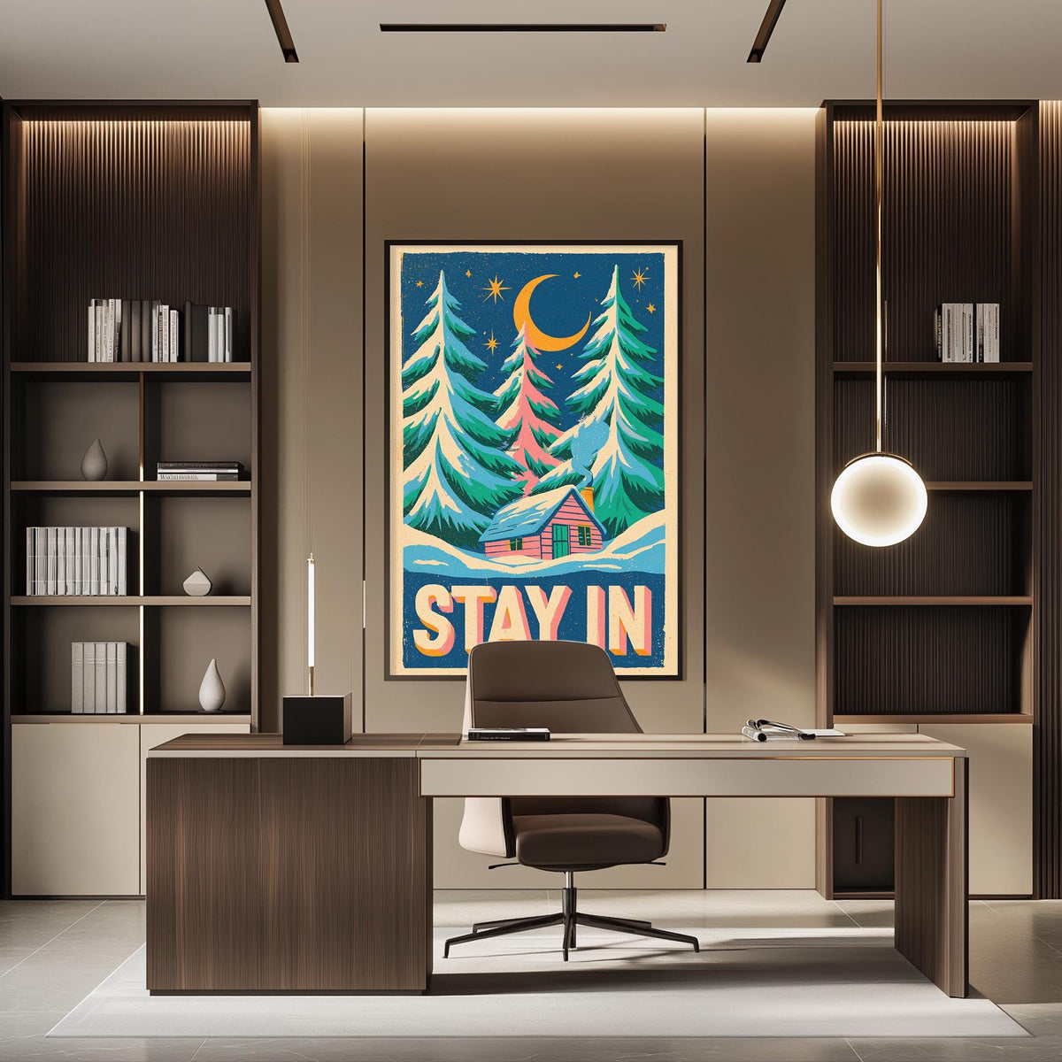 a modern office space with a large framed poster of a winter landscape hanging on the wall, which includes a cabin and trees. The office has a wooden desk and chair, and there are bookshelves on either side of the desk.
