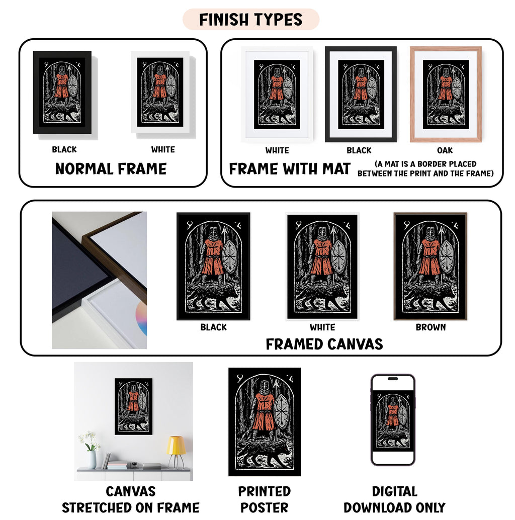 various finish types for a piece of artwork, including a normal frame, a frame with a mat, a black frame, a white frame, a black frame, a white frame with a mat, a black frame, a white frame with a mat, a black frame, a white frame with a mat, a brown framed canvas, a stretched canvas on a frame, a printed poster, and a digital download only.