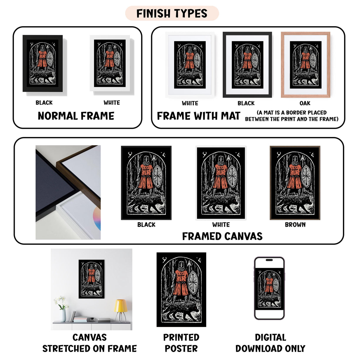 various finish types for a piece of artwork, including a normal frame, a frame with a mat, a black frame, a white frame, a black frame, a white frame with a mat, a black frame, a white frame with a mat, a black frame, a white frame with a mat, a brown framed canvas, a stretched canvas on a frame, a printed poster, and a digital download only.