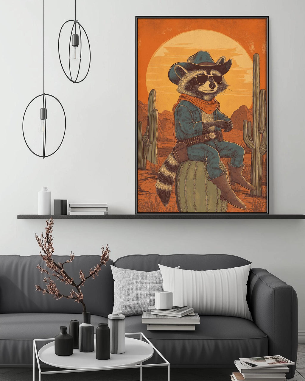 a large framed illustration of a raccoon dressed as a cowboy, sitting on a cactus and holding a gun, displayed on a wall above a gray couch and a coffee table.