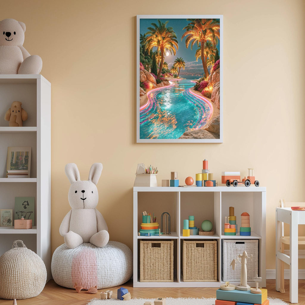 A child's bedroom with a large framed picture of a tropical beach scene hanging on the wall, featuring palm trees, a pool, and a sunset. The room is decorated with various toys, including a teddy bear, a toy train, and a stack of colorful blocks. The overall color scheme of the room is predominantly white and beige, with pops of color from the toys and the framed picture.