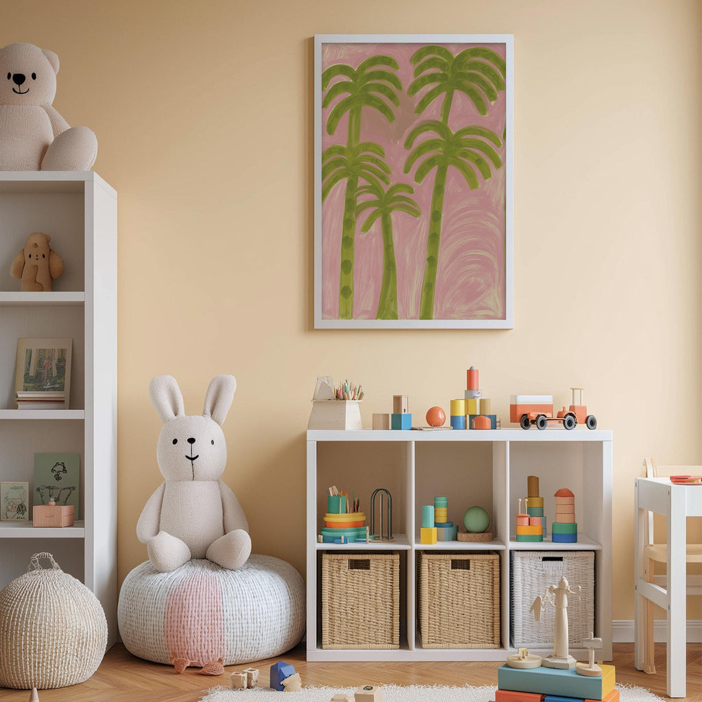 A cozy and colorful children's playroom with a white bookshelf, a plush rabbit, a toy train, and a framed artwork of palm trees on the wall.