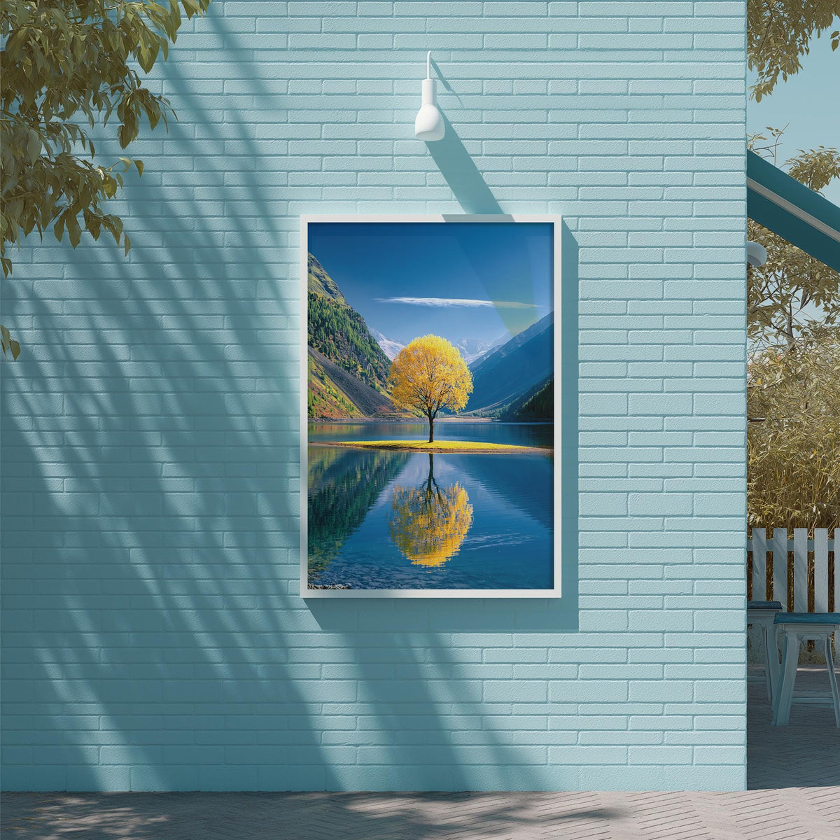 a serene landscape with a tree in the foreground, its reflection mirrored in the calm water below. The scene is set against a backdrop of mountains, creating a sense of tranquility and natural beauty.