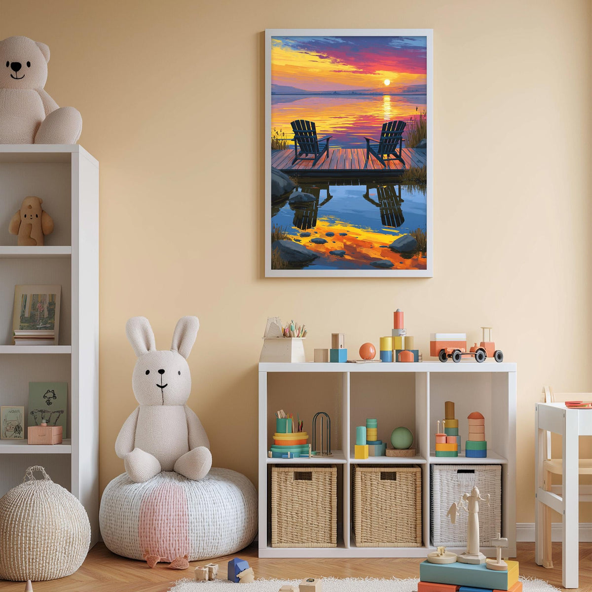 A cozy children's room with a large stuffed bunny, a bookshelf, and a colorful painting of a sunset over a lake.