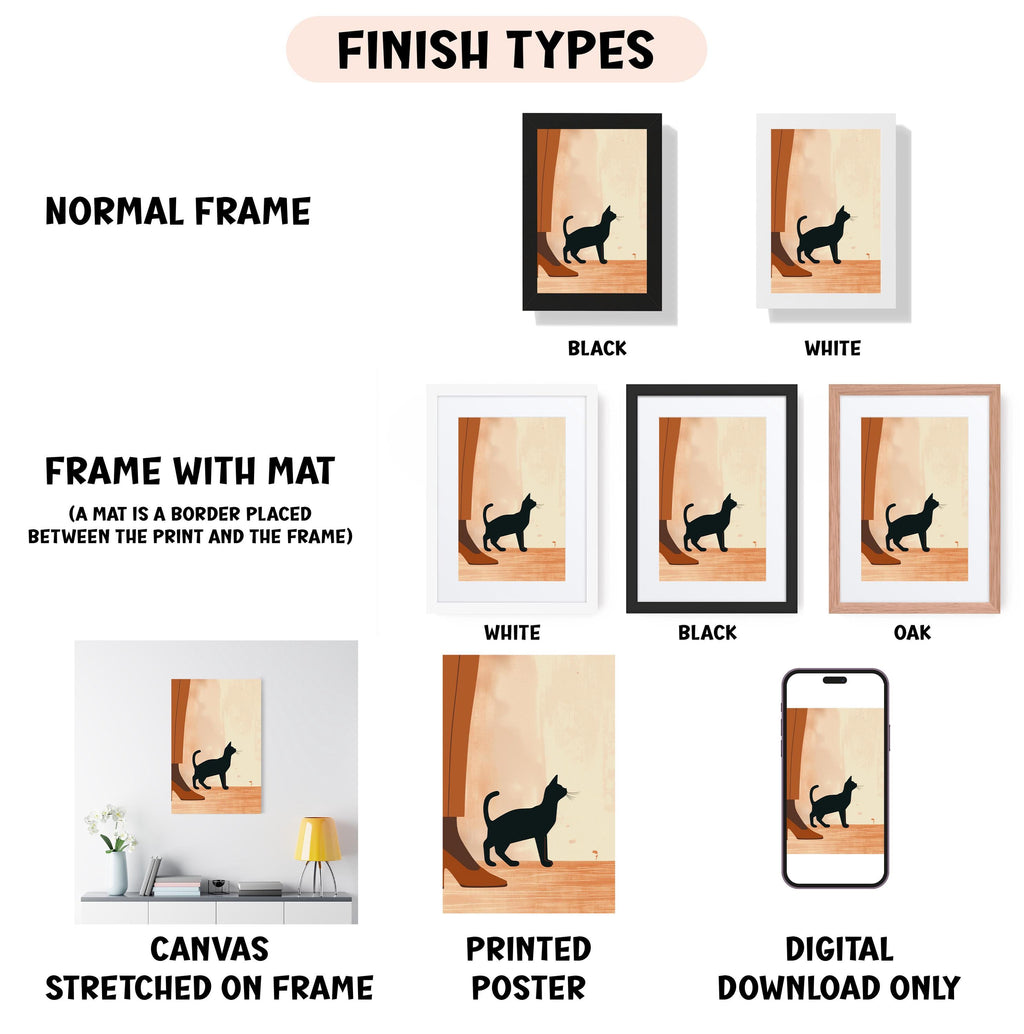 various types of artwork, including a canvas stretched on a frame, a framed poster, and a digital poster. The artwork features a cat silhouette, and the image is labeled with different finish types such as "NORMAL FRAME", "FRAME WITH MAT", "WHITE", "BLACK", and "OAK".