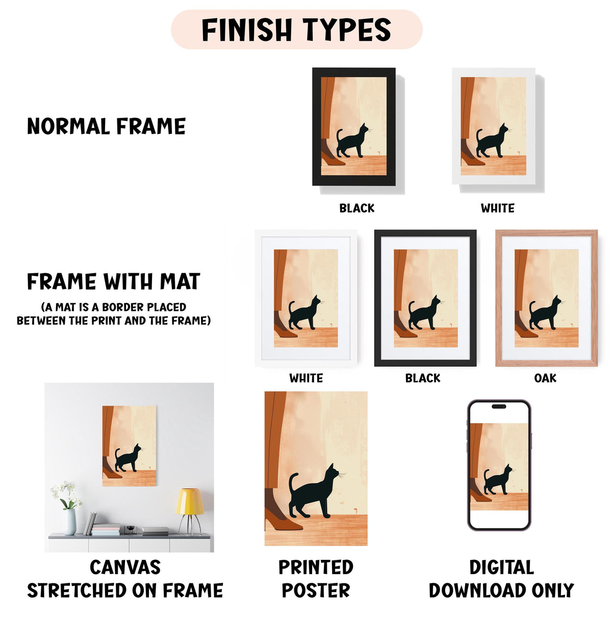 various types of artwork, including a canvas stretched on a frame, a framed poster, and a digital poster. The artwork features a cat silhouette, and the image is labeled with different finish types such as "NORMAL FRAME", "FRAME WITH MAT", "WHITE", "BLACK", and "OAK".