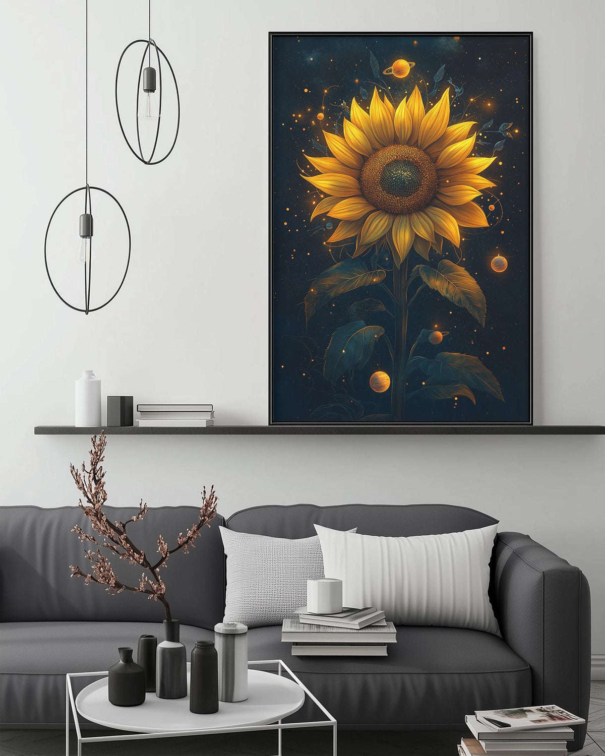 a large, vibrant painting of a sunflower on a dark background, hanging on a wall above a gray couch with white pillows. The painting is surrounded by various decorative items, including a potted plant, vases, and books, creating a cozy and inviting atmosphere in the living room.