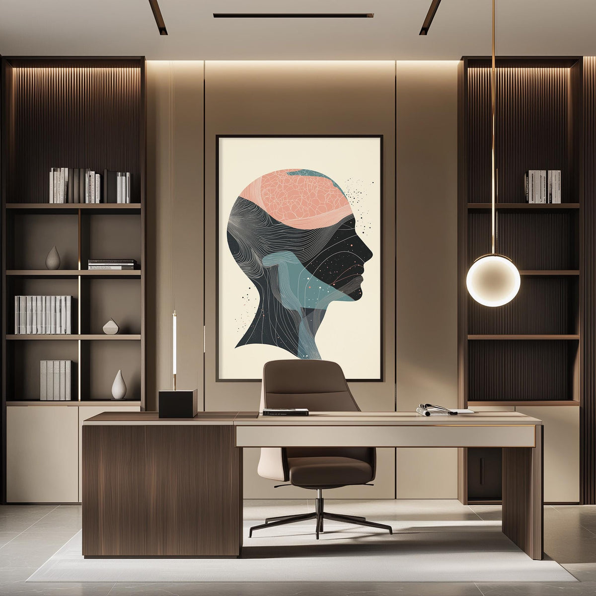 a modern and minimalist office space with a large abstract portrait of a human head on the wall, a wooden desk with a chair, and built-in bookshelves.