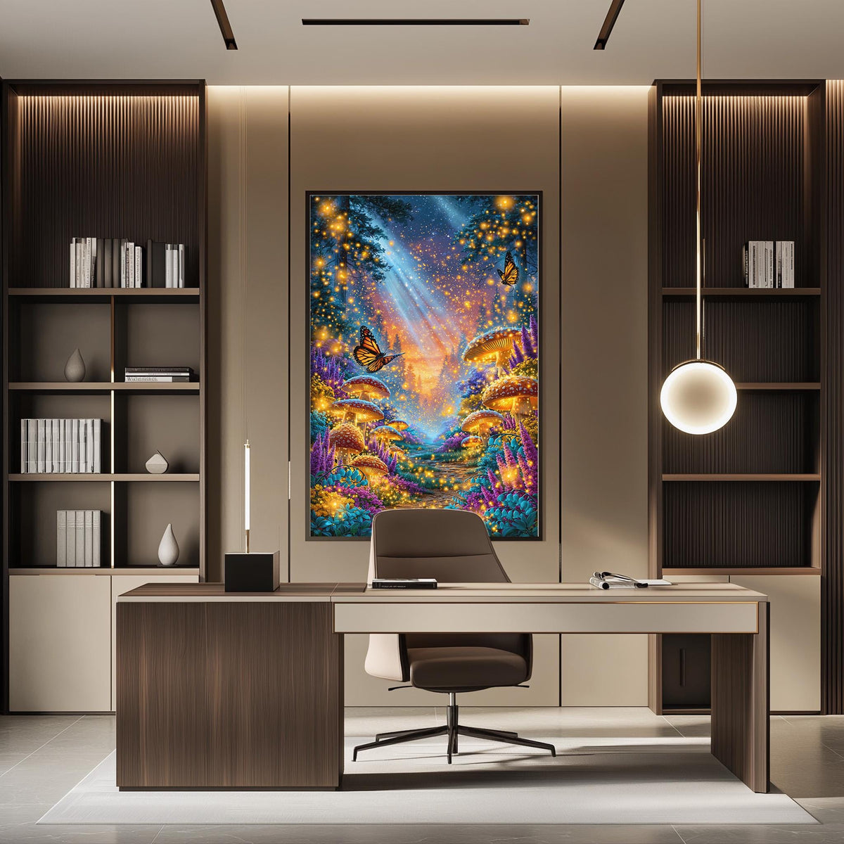 a modern and well-lit office space with a large, colorful painting of a fantastical forest scene hanging on the wall. The office features a desk with a chair, and a bookshelf filled with books and decorative items. The overall design and decor create a visually appealing and inspiring atmosphere.