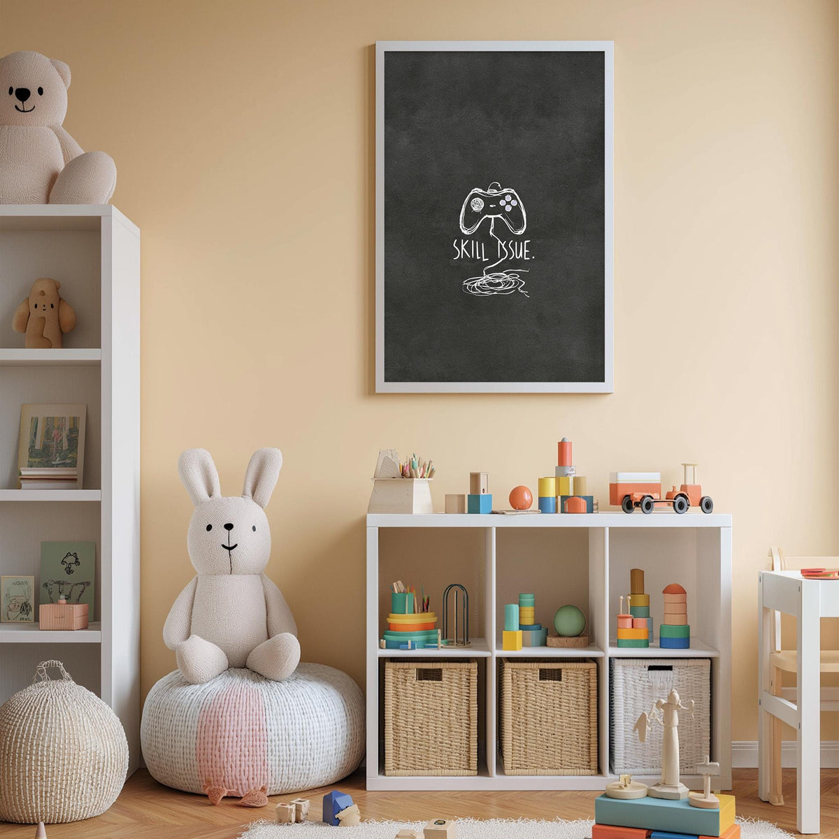 A cozy children's room with a white bookshelf, a plush rabbit, and a toy train set. The room has a warm, inviting atmosphere with a chalkboard and a toy car on the shelf.
